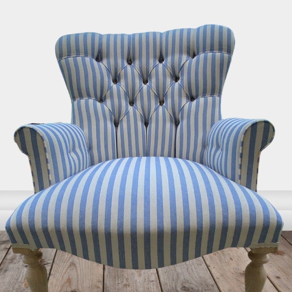 Armchair chair seat in blue and white stripe. Matching stool available.