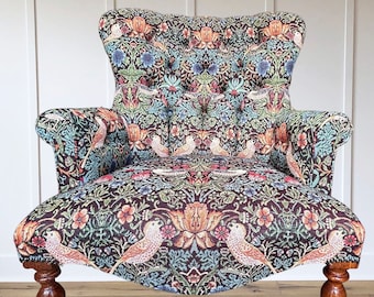 I'M NEW!! Armchair chair seat in a William Morris Strawberry thief style woven Brown tapestry fabric. Blue, green, red, orange