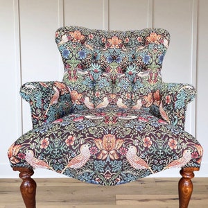 I'M NEW!! Armchair chair seat in a William Morris Strawberry thief style woven Brown tapestry fabric. Blue, green, red, orange
