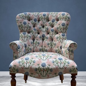 Armchair chair seat blue, green and red flower leaf print on linen, grey, natural. black print pattern. Matching sofa & stool available.