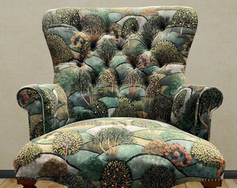 Armchair chair seat in a printed tree design in green on velvet. Matching stool available.