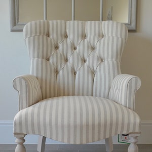 Armchair chair seat White & Grey Stripe Linen. Handmade in UK