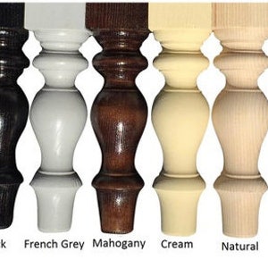 May include: Ten different wood table legs in various finishes, including washed white, gold, silver, black, French grey, mahogany, cream, natural, white, oak, and washed.