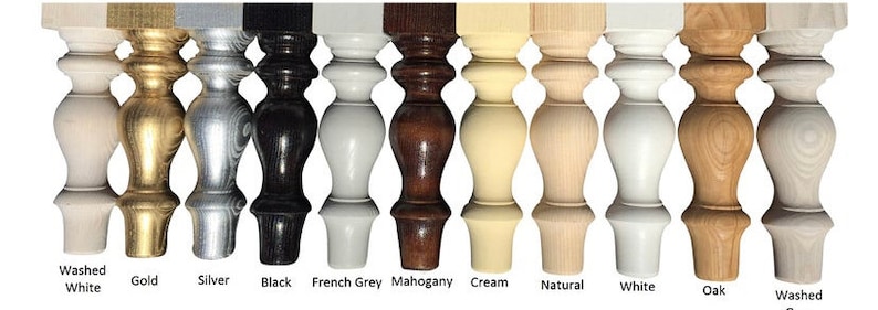 May include: Ten different wood table legs in various finishes, including washed white, gold, silver, black, French grey, mahogany, cream, natural, white, oak, and washed.