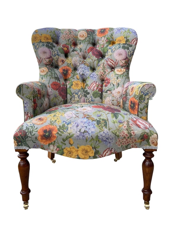 Armchair Chair Seat in a Digital Printed Floral Linen on Duck Egg