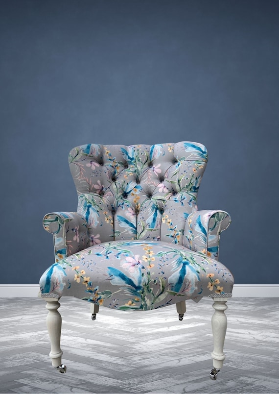 Armchair chair seat in a grey printed floral pattern blue pink green orange Etsy