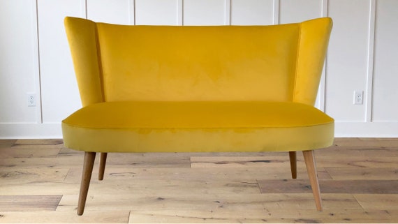 Two Seater Cocktail Sofa Bench Seat in Plain Bright Yellow Velvet