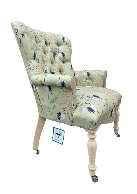 Armchair Chair Seat in a Green Printed Stork Design on Linen. Grey Colour Way Also Available. Etsy UK