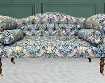 I M NEW Small occasional Sofa seat in a William Morris Strawberry thief style woven Blue tapestry fabric. Blue green red orange