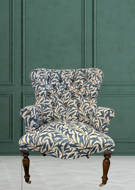 I M NEW Armchair Chair Seat in a William Morris Willow Bough Leaf Leaves Azur Style Woven Blue Brown Cream Woven Tapestry Etsy UK