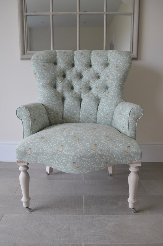 Duck Egg Flowers and Bird Print Armchair Chair Seat Etsy UK