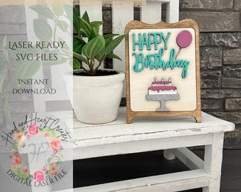 Archivo de inserción de letrero de Feliz Cumpleaños, letrero láser intercambiable, archivo svg cortado con láser, decoración de regalo de cumpleaños, decoración de fiesta de cumpleaños, bandeja de niveles de cumpleaños