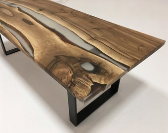 Set - Dining table and Coffee table with walnut wood and transparent epoxy resin