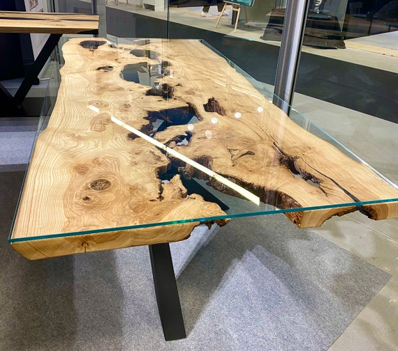 Table à manger bois de frêne, résine époxy et verre -  Canada