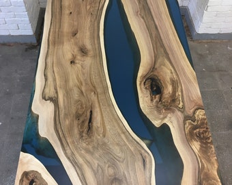 Dining table - walnut wood and blue epoxy resin