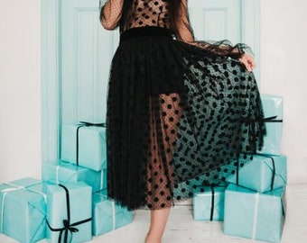Midi Black Dots tulle skirt, evening skirt, tulle skirt, skirt for women, lace to love boutique