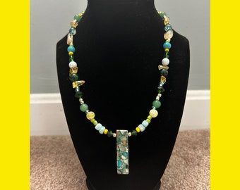 Beaded Jasper Necklace: Aventurine, Citrine, Pearl - 18 Inch