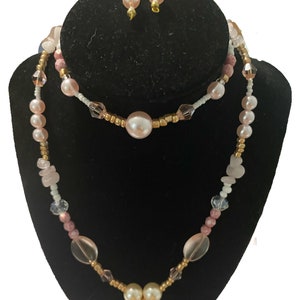 Light Pink and Gold Jewelry Set W/ Necklace, Bracelet, and Earrings