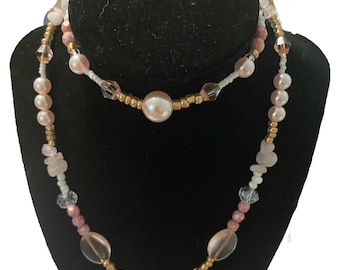 Light Pink and Gold Jewelry Set W/ Necklace, Bracelet, and Earrings