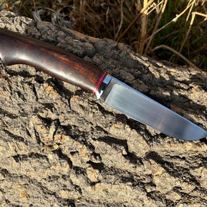 May include: A hunting knife with a dark wood handle and a silver metal bolster. The blade is made of polished steel and has a slight curve.