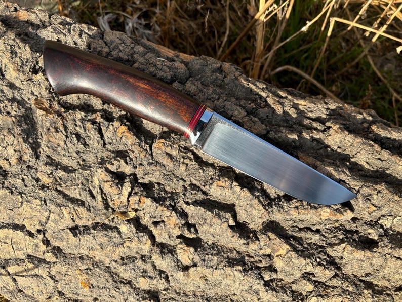 May include: A hunting knife with a dark wood handle and a silver metal bolster. The blade is made of polished steel and has a slight curve.