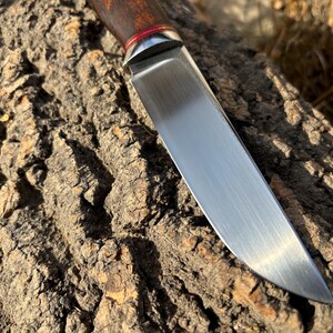 May include: A close-up of a silver knife blade with a wooden handle. The handle has a red accent near the blade. The knife is resting on a rough, brown surface.