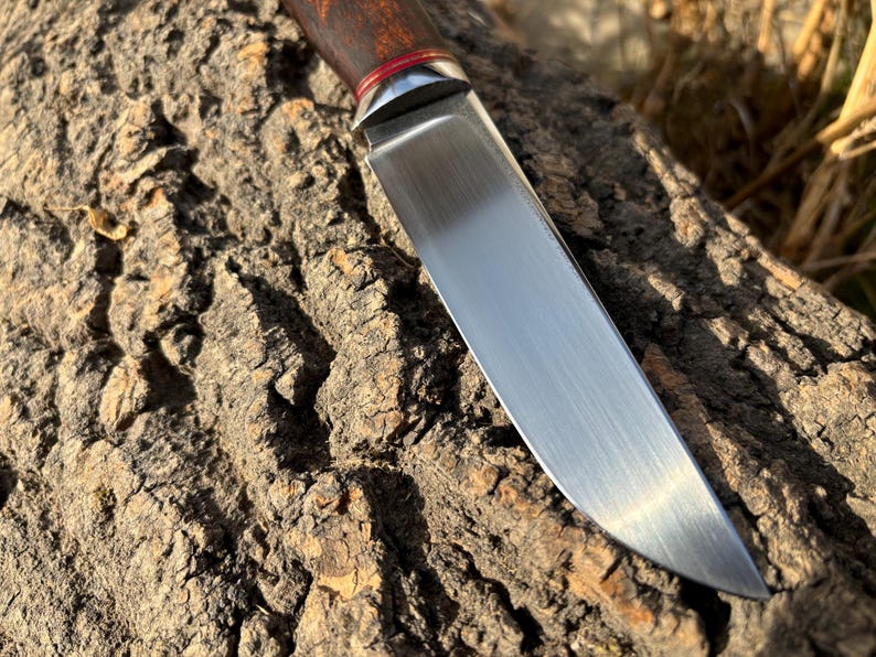 May include: A close-up of a silver knife blade with a wooden handle. The handle has a red accent near the blade. The knife is resting on a rough, brown surface.