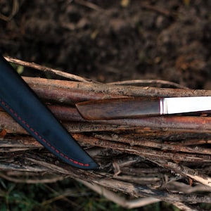 May include: A black leather knife sheath with red stitching, and a wooden handled knife with a silver blade, lying on a bed of brown twigs.