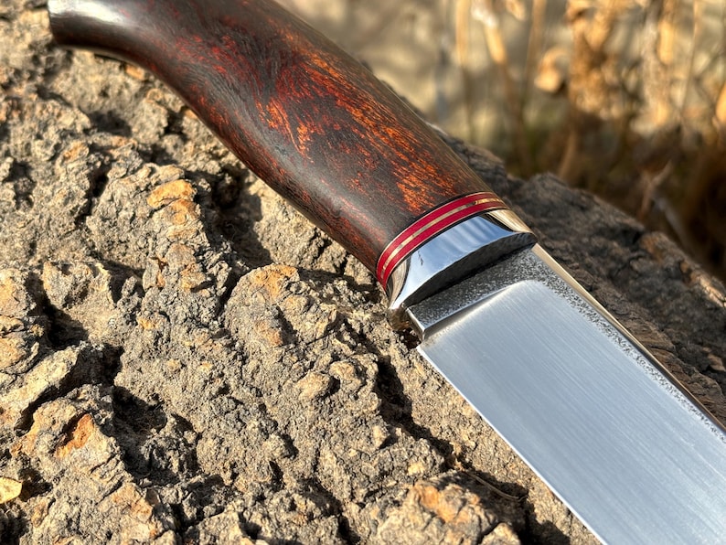 May include: A close-up of a hunting knife with a dark wood handle and a silver blade. The handle has a red and gold inlay.