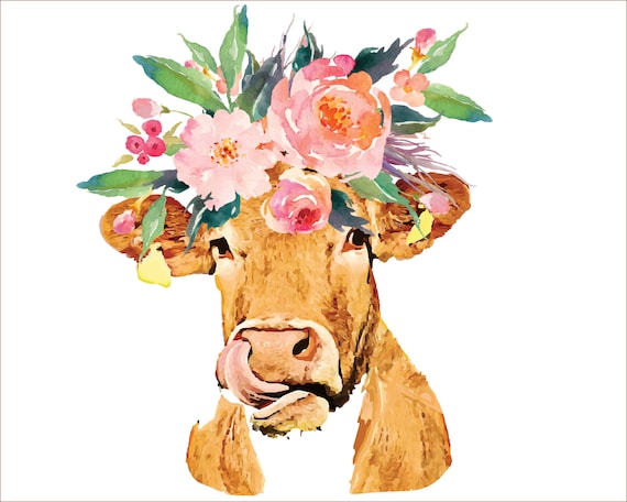 Watercolor Cow with flowers clipart instant download | Etsy