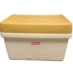 Vintage Coleman Cooler Cream Colored with Yellow Lid Metal Handles Shelf Insert