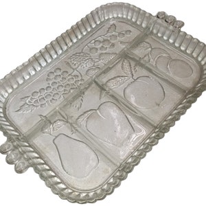 Heavy Glass Divided Relish Tray Vintage Indiana Glass 5 Sections Fruit Etchings