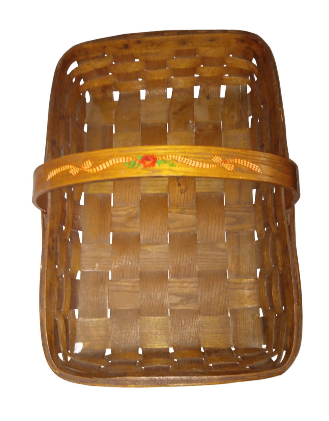 Large Bread Basket With Handle Antique Handpainted Rose With Ribbon