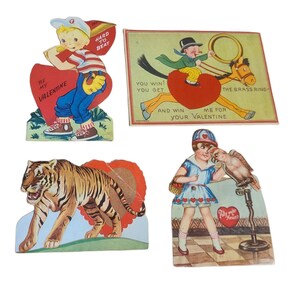 Antique Valentines Day Cards Set of Four Larger 1930s Once Loved Signed Cute Fun
