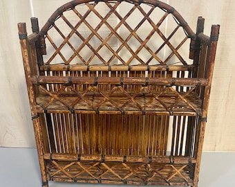 70's Boho Cool Rattan Wicker Hanging Wall 2 Shelf Stand w Great Patina & Pattern