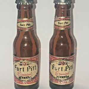Vintage Pair Fort Pitt Beer Salt & Pepper Shakers - Rare Tall Set