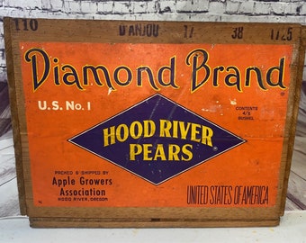 Vintage 1950s Hoover River Diamond Brand Pears Antique Wooden Crate