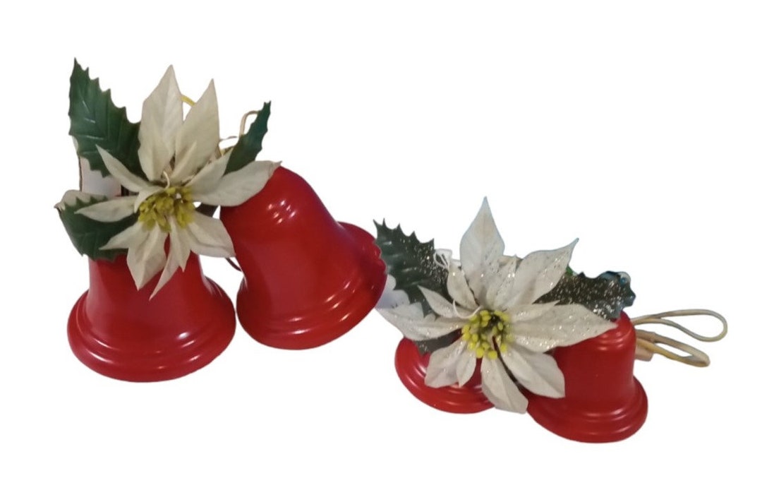 Christmas Floral Red Bell Lights Set of 4 Vintage Collectible Festive