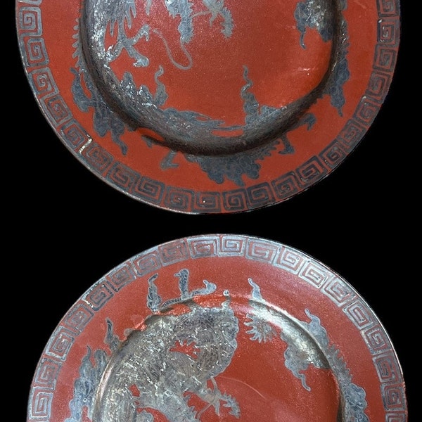 Ceramic Dragon Plate Antique Red Silver Vintage Set of 2 7.5" Diameter