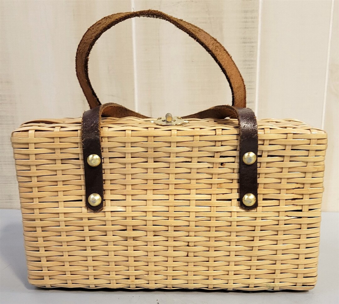 Vintage Wicker Basket Weave Handbag Purse Tote With Feet Leather Trim