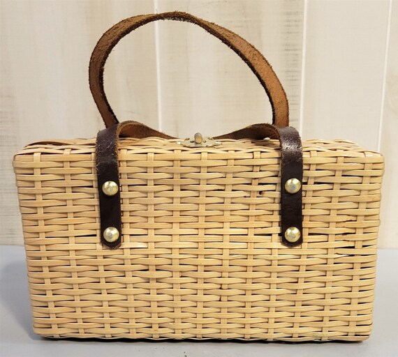 Vintage Wicker Basket Weave Handbag Purse Tote With F… Gem