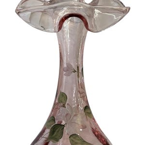 Fenton Vase Handpainted Pink Floral Art Glass Ruffled Edge Signed Bottom