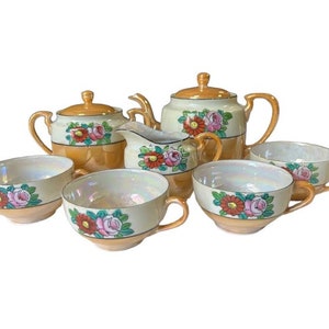 Japanese Vtg Miniature Lusterware Childrens Peach Iridescent Floral 7pc Tea Set