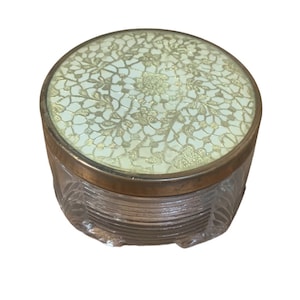 Vintage Art Deco Gold Floral Brass Edge Lid Glass Cosmetic Powder Trinket Jar