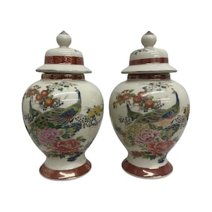 Vase Vintage Satsuma Japan Porcelain Floral Peacocks 9&quot; Tall 1970&#39;s Set of 2