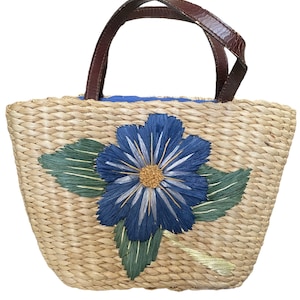 Woven Flower Straw Tote Bag With Blue Cloth Interior