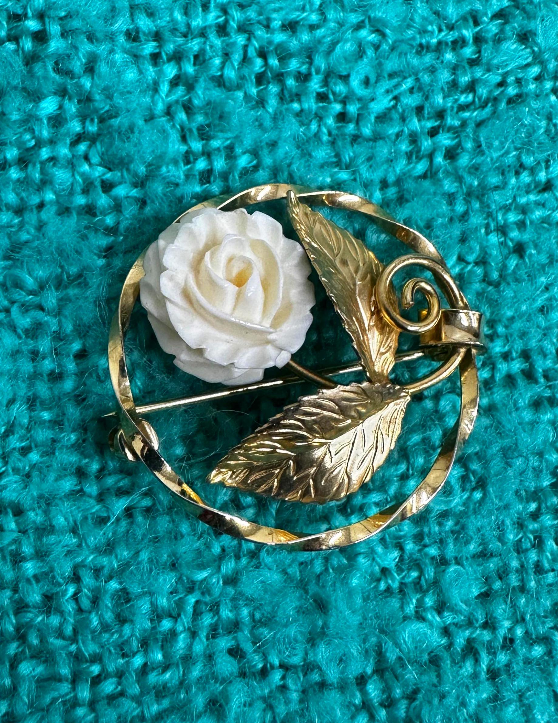 Signed Vintage Karen Lynne 1950s Era 12k Gold-filled Carved Rose