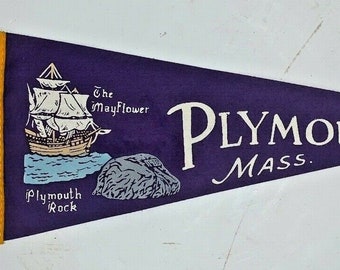 Vintage Plymouth Mass Massachusetts The Mayflower Rock Purple Felt Pennant