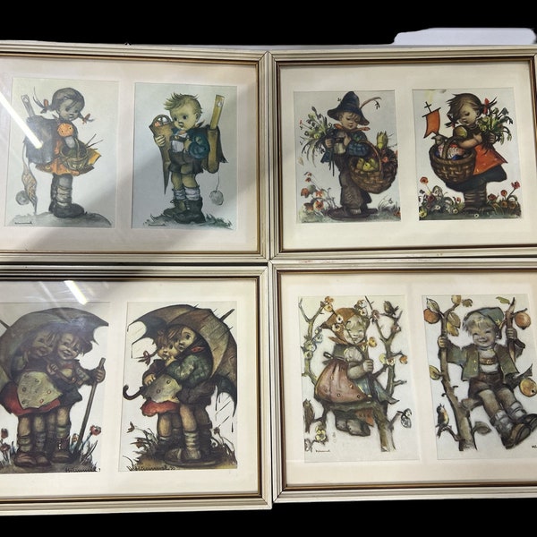 Hummel Original Prints Antique Wood Frame Vintage Set of 4 Frames w/ 8 Pictures