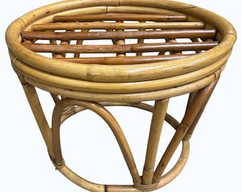 Stołek podnóżek z bambusa giętego z rattanu MCM Vintage, stojak na rośliny